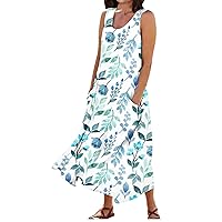 Linen Dress for Women 2024 Summer Printed Tank Dress Casual Sleeveless Maxi Dress Flowy Long Dresses with Pockets