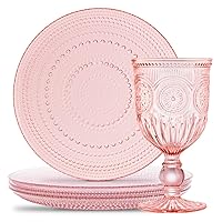 Yungala Pink Glassware Set of 6 Pink Wine Glasses and 4 Glass Plates - Vintage Wine Glasses with Hobnail Plates - Matching Pink Glassware Sets for Easter