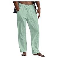 DuDubaby Denim Pants Men's Casual Loose and Comfortable Casual Pants Cotton Linen Printed Drawstring Trousers Long Yoga Pants