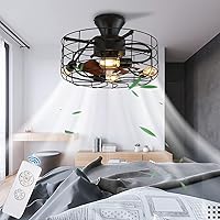Vintage Ceiling Light Silent LED Ceiling Fan with Lighting and Remote Control Metal Cage Black Retro Industrial Chandelier Fan for Bedroom Living Room Kitchen