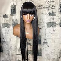 Hesperis Silk Straight Human Hair WIgs With Bang Brazilian Remy Scalp Top Full Machine Made Wigs For Black Women Natural Color (12inch, 150% Density)