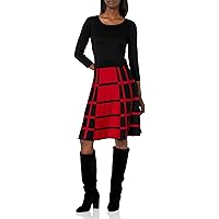 Women's Long Sleeve Solid Top Plaid A-line Skirt Sweater Dress
