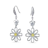 Floral Garden Wedding Canary Yellow Cubic Zirconia Accent Open Flower Shape CZ Daisy Dangle Earrings For Women French Wire Silver Plated