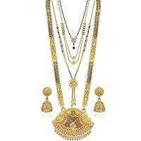 Aleafa Armlet Presents Traditional One Gram Gold Plated Combo of 4 Necklace Pendant 30 Inch Long and 18 Inch Short Mangalsutra/Tanmaniya/Nallapusalu with 1 Pair of #Aport-1153