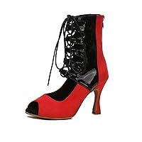 HIPPOSEUS Women's Latin Ballroom Dance Boots Peep Toe Lace up Dance Shoes Suede Sole High Heel