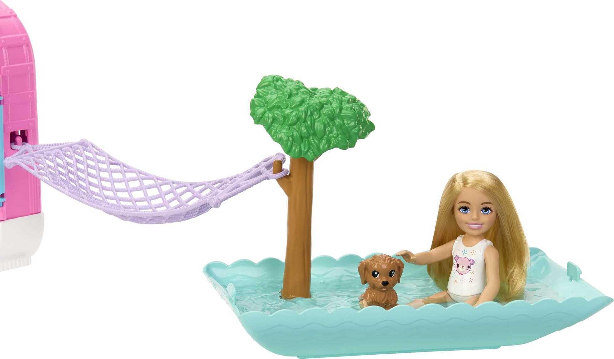 Barbie Camper, Chelsea 2-in-1 Playset with Small Doll, 2 Pets & 15 Accessories, Vehicle Transforms into Camp Site