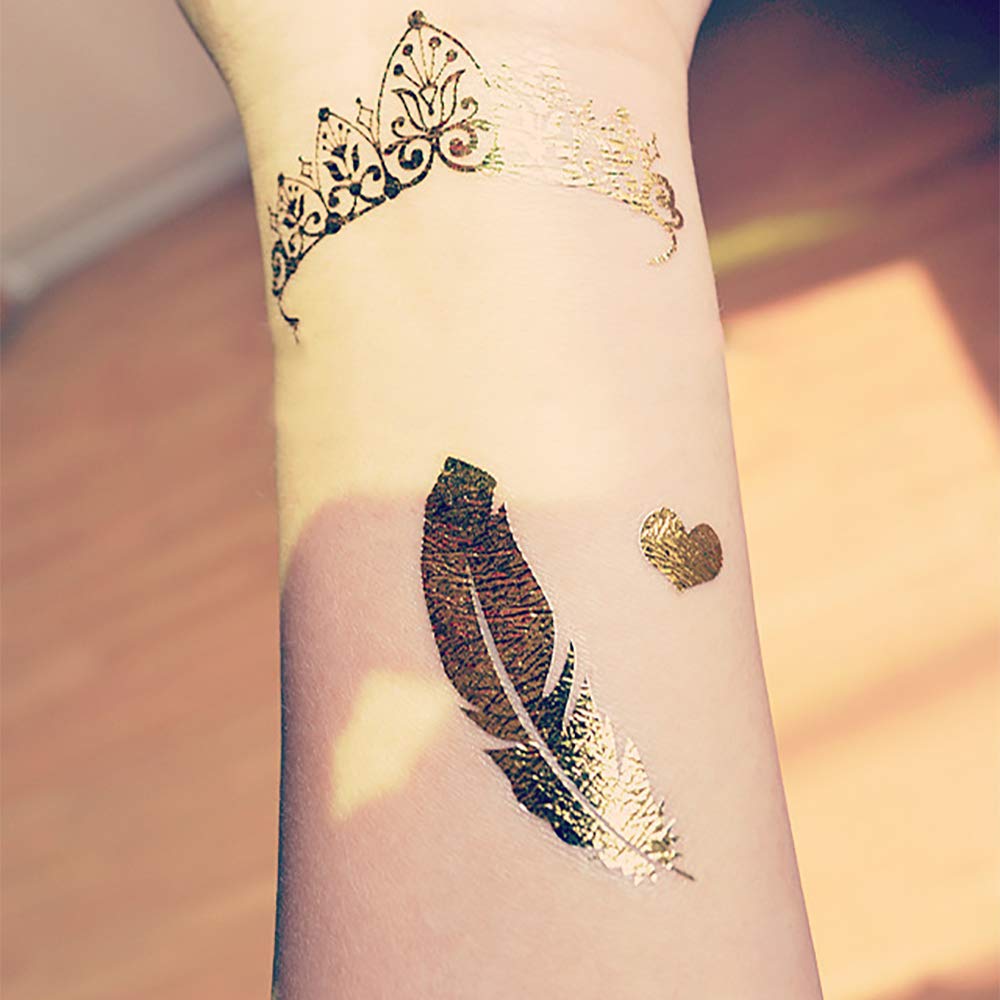 24 Sheets Gold Temporary Tattoos for Women Girls, Over 300 Shimmer Waterproof Fake Tatoos Metallic Stickers in Bracelets Feathers Wrist Arm Bands