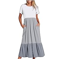 Women's Summer Color Block Dresses Short Sleeve Crewneck Ruffle Hem Maxi Dress Casual Loose Fit Swing A-Line Dress