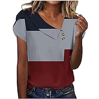 Tops for Women Trendy Color Block V Neck Button T Shirts Summer Casual Petal Short Sleeve Loose Comfy Blouses