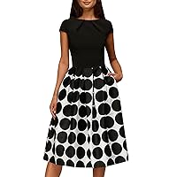 Womens Fashionable Round Neck Short Sleeved Waistband Silhouette Vintage Polka Dot Beaded Plus Size Formal