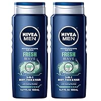 Men Fresh Wave, Refreshing & Energizing Body Wash with Menthol, 3 in 1 Body, Face & Hair, 16.9 Fl Oz (Pack of 2, 33.80 Oz Total)