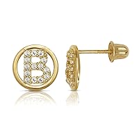 Solid 14k Yellow Gold Small Cubic Zirconia Circle A-Z Initial Stud Screw-back Earrings