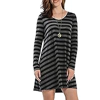 Women Casual Black Stripe Dress Color Block Pockets Long Sleeve Wide Crew-Neck Daily Club Mini (S)