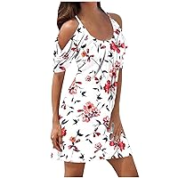 Women Cold Shoulder Dress Floral Print Sundress Sling T-Shirt Dress Loose Casual Midi Dress Preppy Cute Summer Dresses