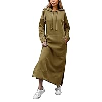 Women's Loose Hooded Long Dress Padded Sweatshirt Casual Fashion Dress Large Pocket Dress Long Sleeve Dress Petite