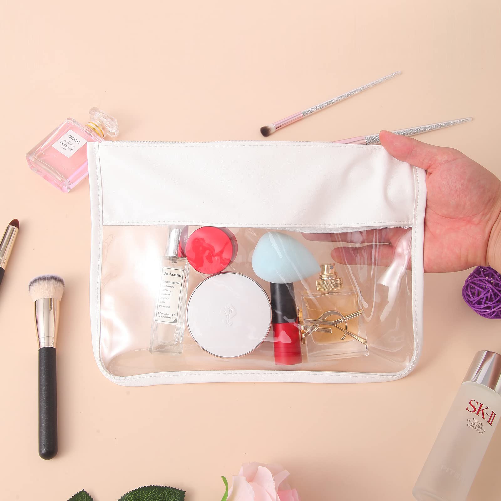 Makeup Bag Waterproof Leather Cosmetic Bag Toiletry Bag,DIY Chenille Letter Bag Nvlon Clear Travel Makeup Bag for Women Girls (White)