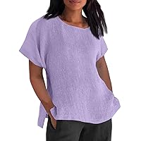 Linen Shirts for Women Short Sleeve Crewneck Oversized T Shirts Loose Casual Blouses Lightweight Trendy Summer Tops 2024