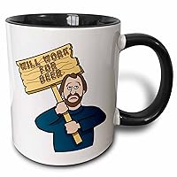 3dRose Funny Humorous Man Guy With A Sign Will Work For Beer Two Tone Mug, 11 oz, Black/White