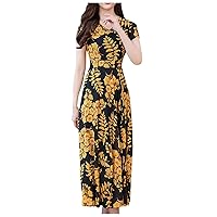 YUTANRAL Womens Summer Cocktail Dresses Elegant Floral Print Short Sleeve Long Dresses Casual Flowy Ruffle A Line Prom Dress