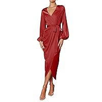 PRETTYGARDEN Womens Puff Sleeve Wrap V Neck Ruched Belted Long Formal Satin Cocktail Dress