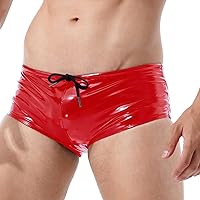 ACSUSS Mens Shiny Leather Swim Trunks Low Waist Bikini Panties Quick-Drying Shorts Beach Swimwear Red Large