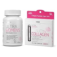 VPLab Women's Beauty Bundle - Multivitamin Caplets & Liquid Collagen for Hair, Skin, Nails - Biotin, Iron, Vitamin B, D, C & Zinc - Essential Daily Health Support, 90 Caplets + 10 Tubes