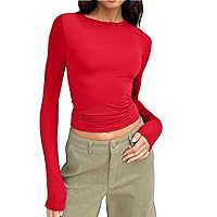 Summer Cute Solid Blouse Tops for Women Crew Neck Trendy Y2K Tee Shirts Long Sleeve Novelty 2024 T Shirts Casual Sexy