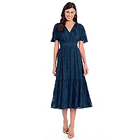 Maggy London Women's Plus Size Flutter Sleeve V-Neck Midi Dress with Tiered Skirt