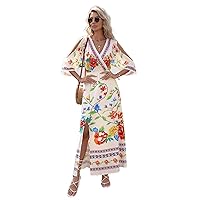 Women's 2023 Summer Dress Floral Print Cold Shoulder 3/4 Sleeve Wrap Maxi Dresses (Color : Beige, Size : X-Large)