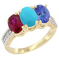 14K Yellow Gold Enhanced Ruby, Natural Turquoise & Tanzanite Ring 3-Stone Oval 7x5 mm, sizes 5 - 10