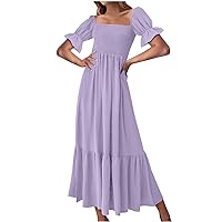 Women Frill Puff Short Sleeve Square Neck A-Line Dress Summer Fashion Ruffle Hem Flowy Pleated Empire Waist Dresses