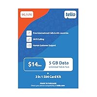 $14/Month - 5GB + Unlimited Talk & Text | Tello Mobile Phone Plan | Bring Your Own Phone Kit | 3 in 1 SIM Card Included | US Nation-Wide 4G LTE/5G Coverage