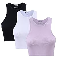 3 Piece Crop Tops for Women Crew Neck Sleevless Top Seamless Ribbed Racerback Workout Cropped Tank Top