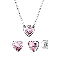 ChicSilver 925 Sterling Silver Heart Cut Birthstone Jewelry Set, Sparkling Heart Birthstone Stud Earrings and Birthstone Necklace Set for Women Girls