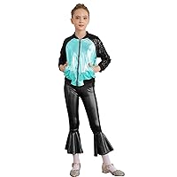 Girls Shiny Dance Clothing Set Sequins Jacket Coat with Bell Bottoms Pants Tracksuit for Hip Hop Jazz Dancewear