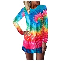 LATINDAY Loose Casual Short/Long Sleeve Tie Dye Ombre Swing T-Shirt Tunic Dress Red