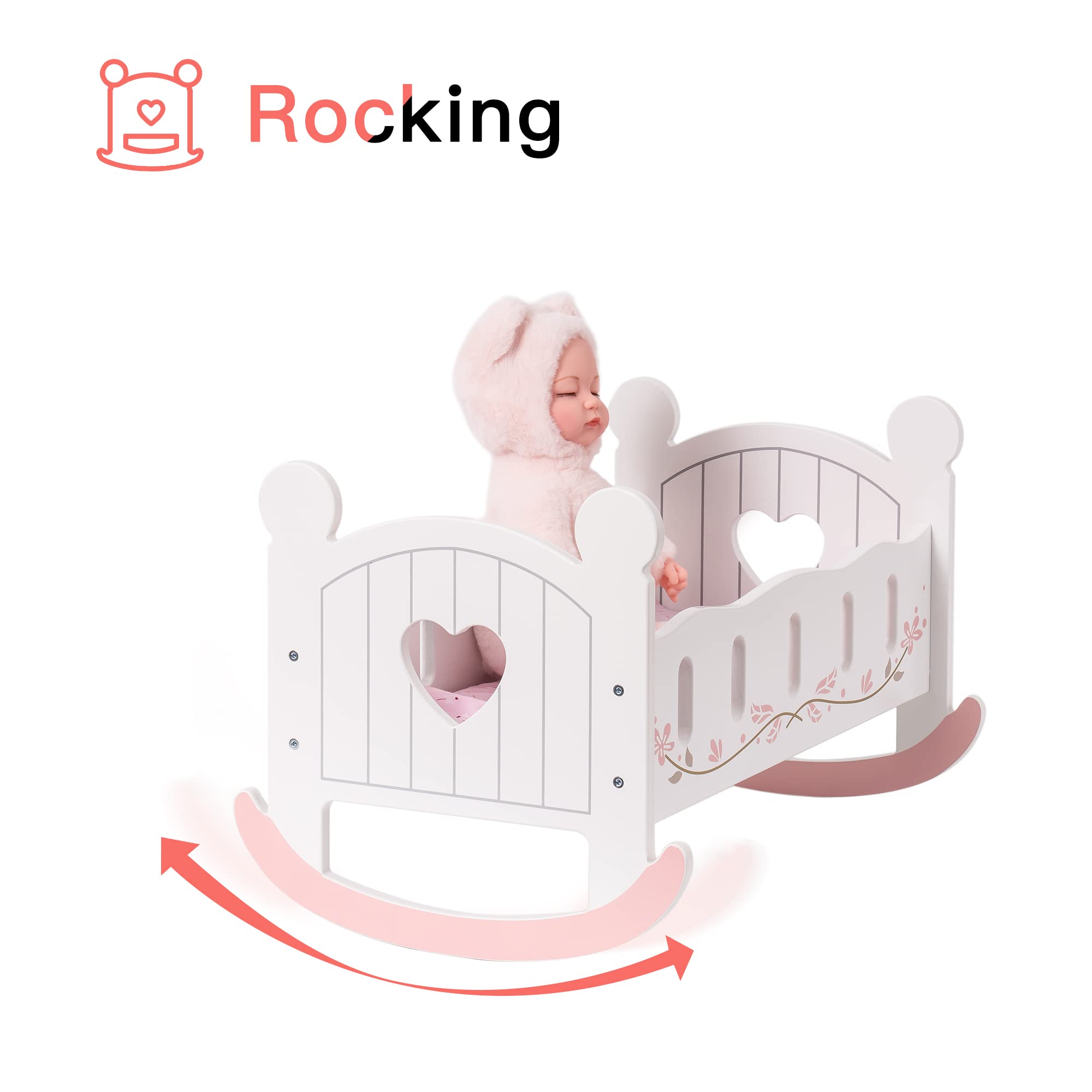 ROBOTIME Wooden Doll Cradle Rocking Baby Doll Crib, Reversible Doll Bed for Dolls Girl,Fits Dolls up to 18 Inches (White)