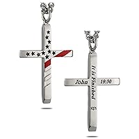 Shields of Strength Mens Flag Cross With Thin Red Line Necklace - Jn 19:30 Stainless Steel Tapered Patrioic Designed Honor Thanks Frefighters Gifts