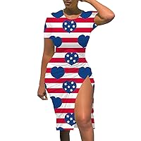 Black Midi Dress,Independence Day Women Flag Patterns Casual Drawstring Slit Slim Dress 4 of July Back Slit Str