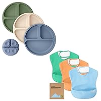 KeaBabies 3-Pack Suction Plates for Baby, Toddler & 3-Pack Waterproof Baby Bibs for Eating - 100% Silicone Toddler Plates - Lightweight Toddler Bibs - Divided Baby Plates with Suction - Mess Proof Bib