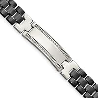Jewels By Lux Polished Engravable Personalized Custom Stainless Steel Polished with Black Ceramic and 1/4 carat Diamond ID Bracelet For Men Length 8.25 inches Width 14 mm With Fold Over Clasp