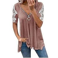 Womens Summer Top, Fashion Short Sleeve Strapless Casual Tunic Tops, Daily Loose Fit T-Shirt Zipper V-Neck Blouses Tee B- Pink