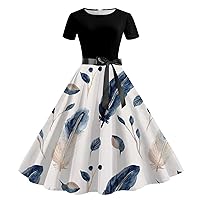 Coral Dress,Casual Vintage Cocktail Dresses for Women Short Sleeve Knee Length Retro A Line Flared Swing Formal