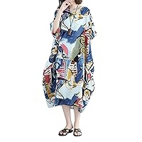 Flygo Women's Oversized Batwing Short Sleeve Boho Printed Long Midi Dress