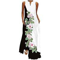 Prime of Deal of The Day Today Sundresses for Women 2024 Floral Print Sleeveless Maxi Dress with Pockets Tank Summer Dress Notch Neck Beach Dresses