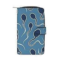Dark Blue Sperms PU Leather Womens Wallet Large Capacity Zippered Bifold Purse with 12 Card Slot Coin Case