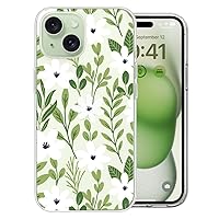 for iPhone 15 Case with White Flower Green Leaf Design Hard PC+TPU Bumper Floral Shockproof Protective Flower Girls Women Cover 6.1