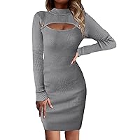 XJYIOEWT Spring Dresses for Women 2024 Petite Short, Women Sexy Hollow Out Bust Sweater Bodycon Dress Pull Over Crew Ne