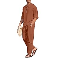 COOFANDY Men's 2 Pieces Cotton Linen Set Long Sleeve Henley Shirts Casual Beach Pants With Pockets Summer Yoga Outfits