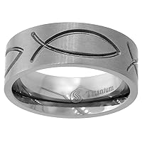 Sabrina Silver 8mm Titanium Christian Fish Wedding Band Ichthys Ring Flat Comfort Fit Sizes 6-14